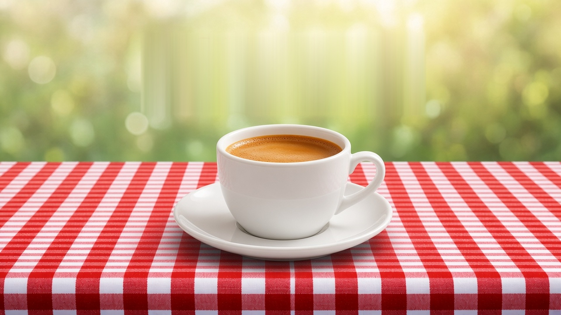 Xícara de café da casa sobre a toalha xadrez